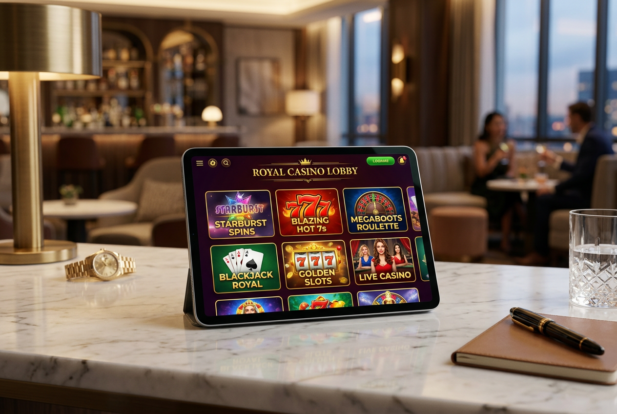 A digital tablet showing a vibrant online casino interface